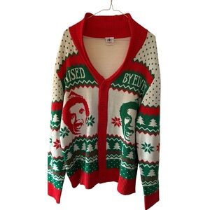 ELF Ugly Christmas Button Up Sweater Cardigan Men’s Large Cream Red Green